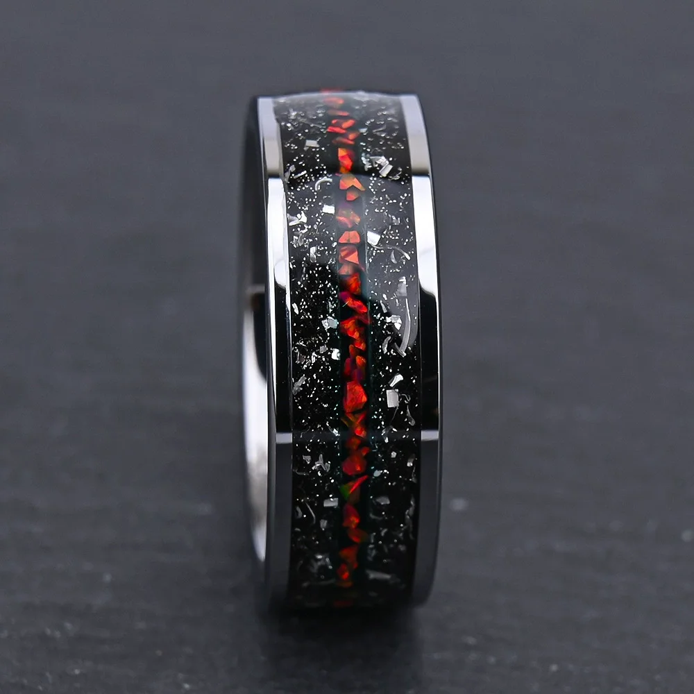 8MM Black Tungsten Carbide Rings Flat-set Meteorite Red Orbale Tungsten Wedding Bands For Women and Men