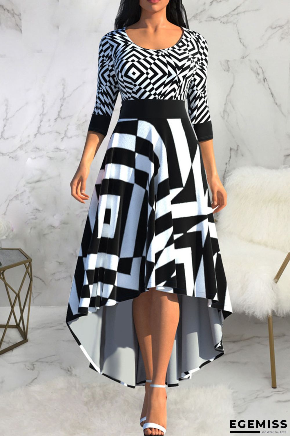 Black And White Casual Print Patchwork O Neck Straight Dresses | EGEMISS