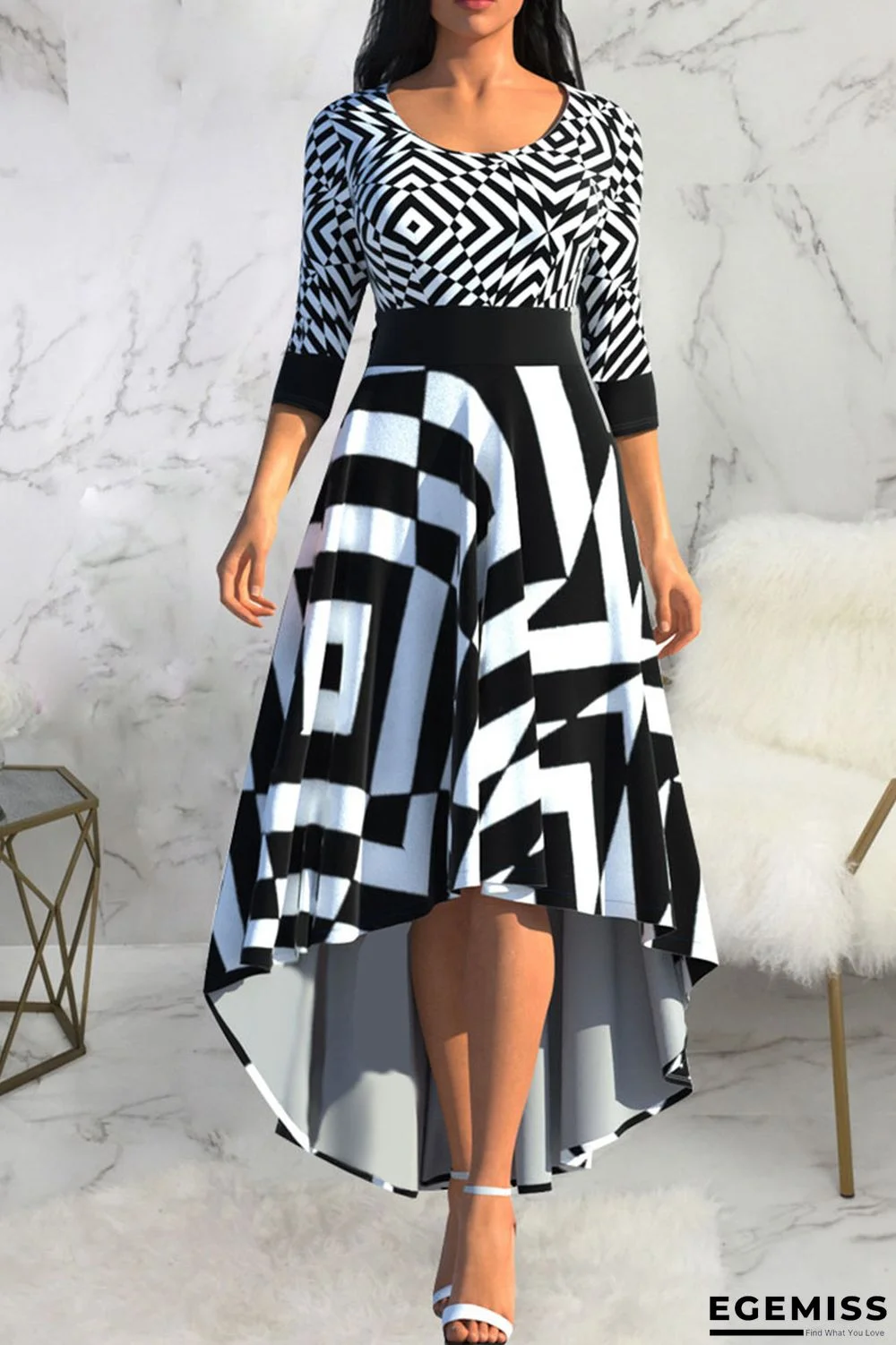 Black And White Casual Print Patchwork O Neck Straight Dresses | EGEMISS