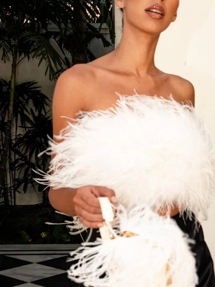White Fluffy Feather Back Zip Strapless Crap Tube Top For Women