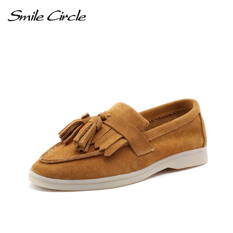 Smile Circle/loafers Women cow-suede Slip-On flats shoes Genuine Leather tassel Ballets Flats Shoes women Moccasins size 36-42
