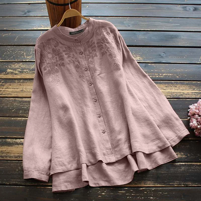 ZANZEA Vintage Women Embroidery Blouse Casual Cotton Shirt Spring Floral Long Sleeve Tunic Tops Chemise Buttons Loose Blusas
