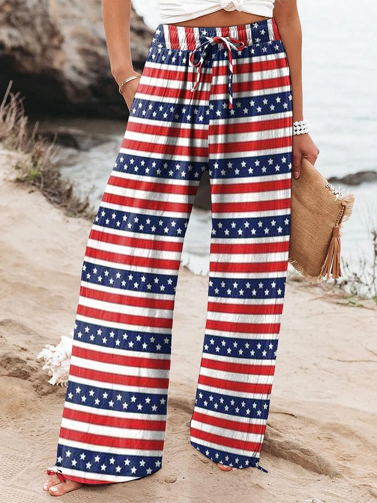 Women's Independence Day Flag Stripe Element Print Cotton And Linen Casual Pants