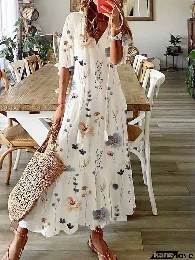 Women's Long Dress Maxi Dress Casual Dress A Line Dress Summer Dress Floral Fashion Casual Outdoor Daily Vacation Print Half Sleeve V Neck Dress Loose Fit White Yellow Summer Spring S M L XL XXL