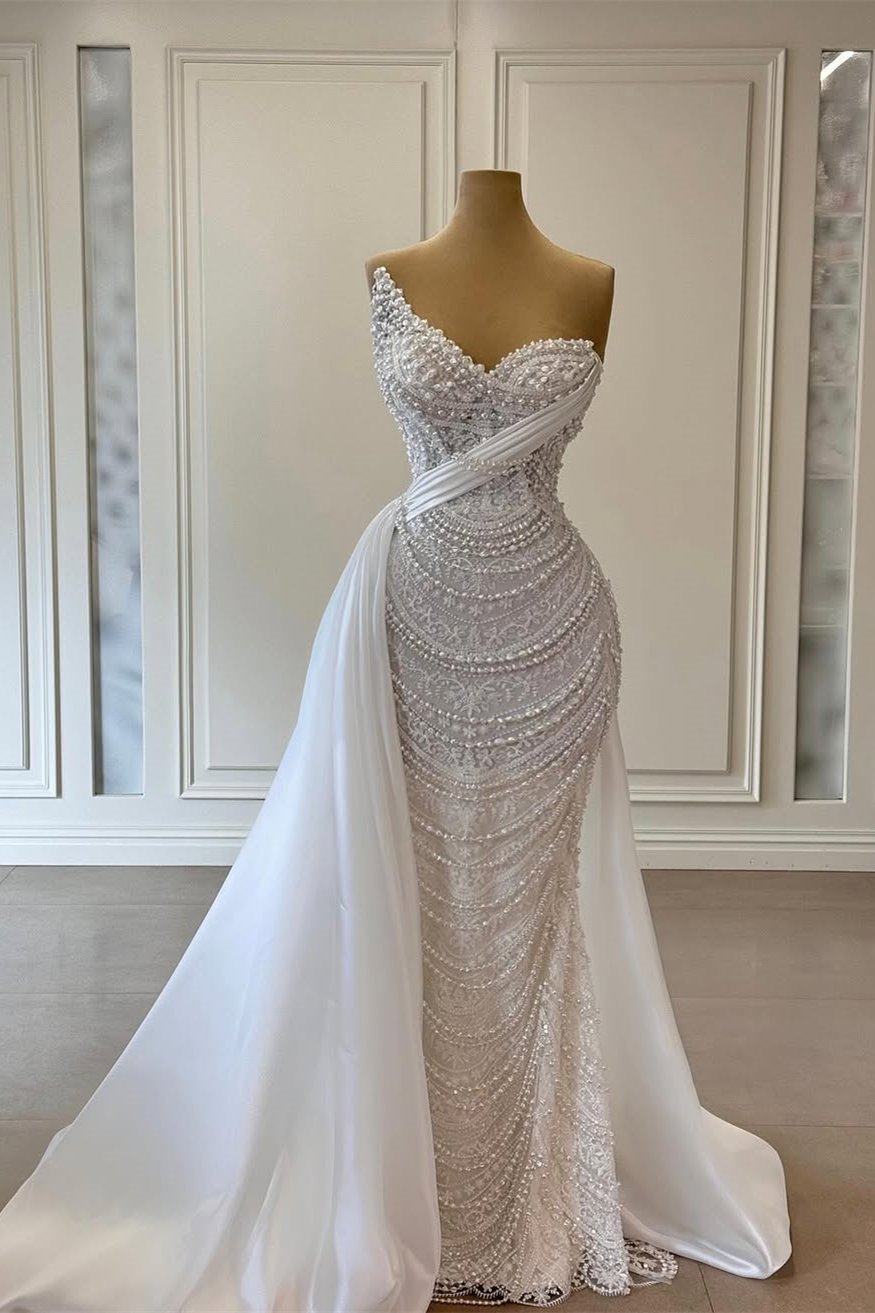 Bellasprom White Sweetheart Mermaid Wedding Dress Lace Long With Pearls Detachable Skirt Bellasprom