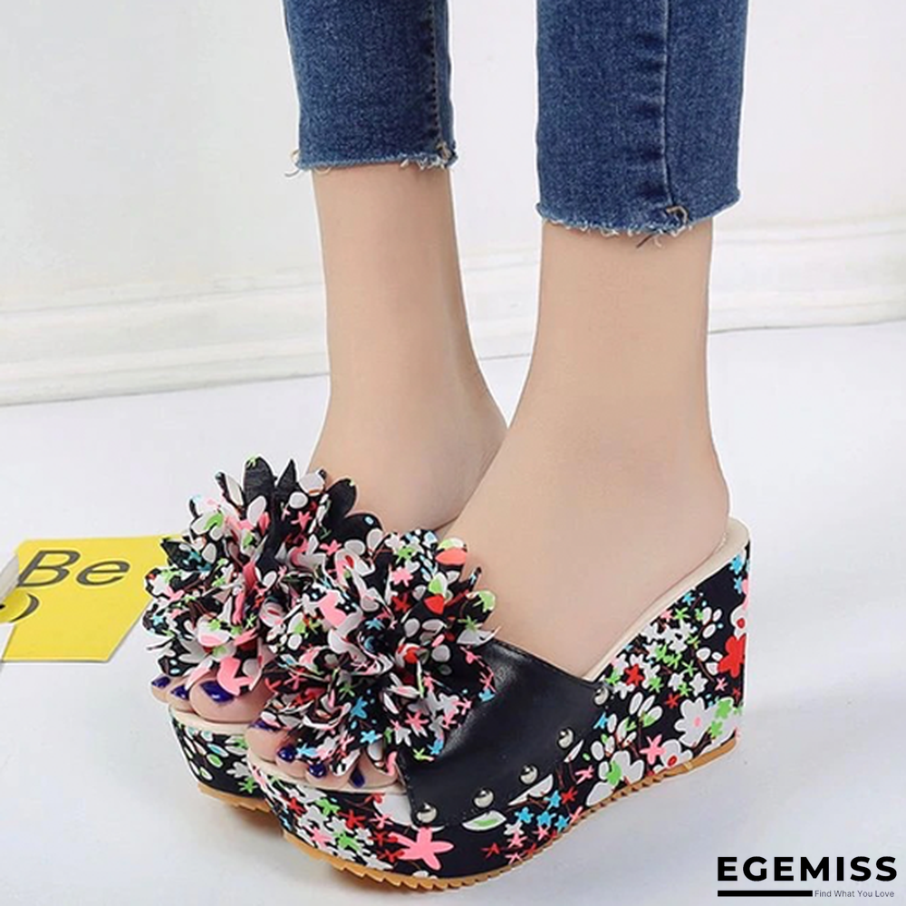 Women Thick Floral Flower Wedge Sandals High Heel Slipper Sandal Shoes | EGEMISS