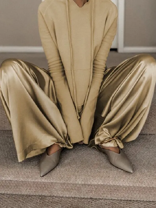 Sporty Color Block Hooded Straight-Leg Pants Two Piece Set
