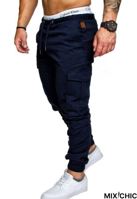 Men Casual Joggers Solid Color Pants Cotton Elastic Long Trousers