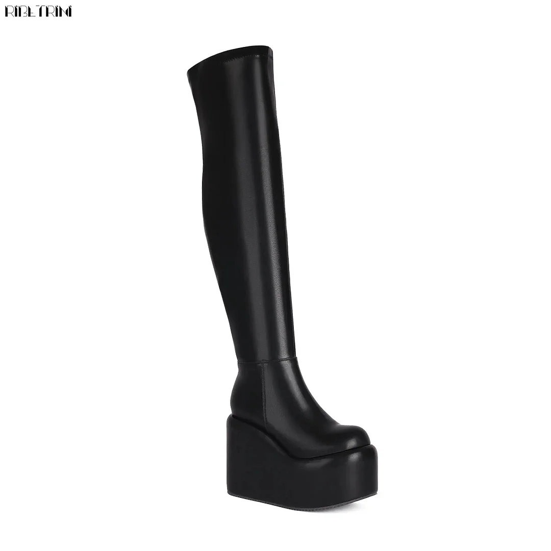 Qjong Over The Knee High Boots Women Thick Wedges Zipper Platform Shoes Luxury Elegant Pink Black Stylish Winter Motorcycle Boots