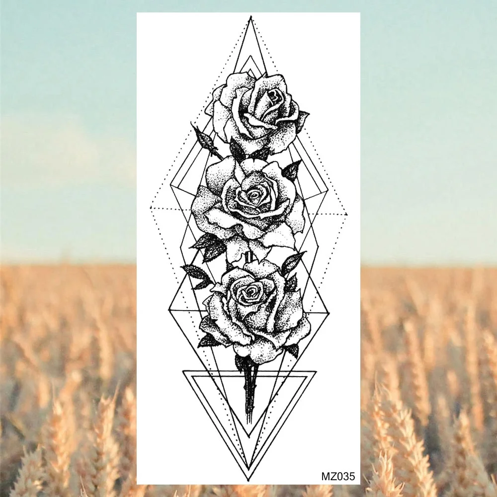 Black Lotus Pendant Temporary Tattoos For Women Adult Rose Flower Jewelry Fake Tattoo Fashion Calf Waterproof Half Sleeve Tatoos