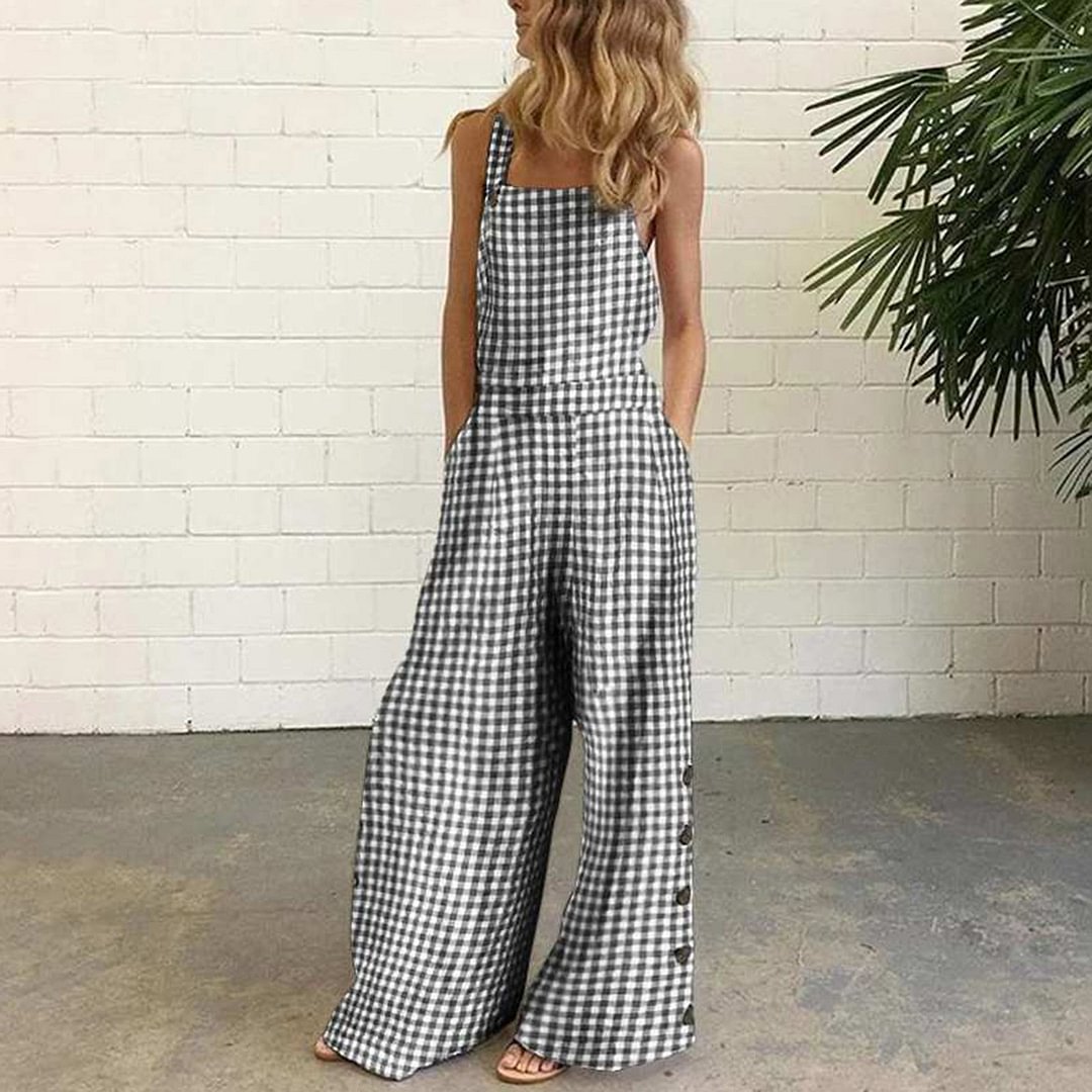 Fashion Summer Casual Jumpsuit Women Sleeveless Overalls Loose Sleeveless Overalls Plaid Print Wide Leg Bib Pants Jumpsuits
