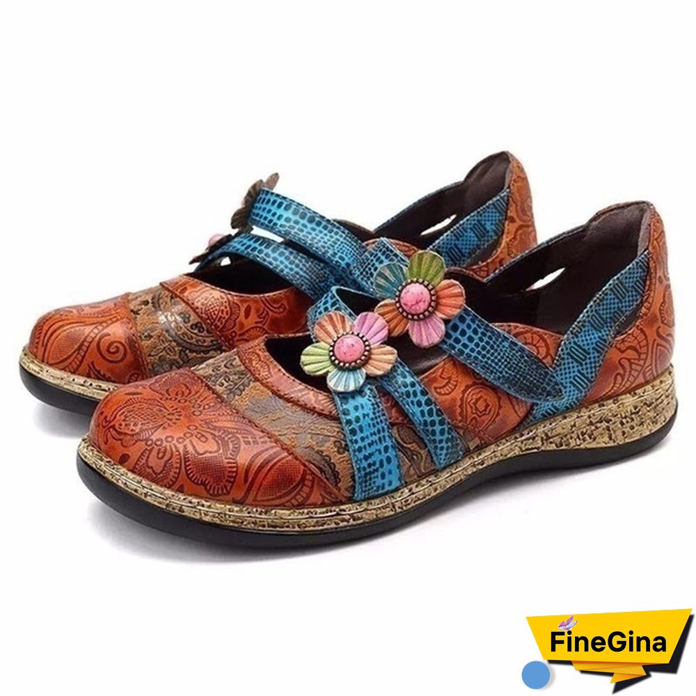 Vintage Floral Genuine Leather Splicing Colored Stitching Hook Loop Flat Shoes Spring Summer Casual Women Flat Shoes（2styles）