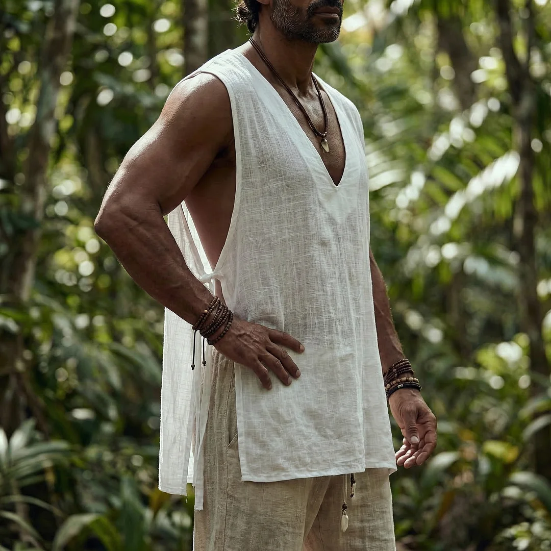 Linen V-neck Sleeveless Shirt, Casual Basic Style, Loose Fit, Breathable And Comfortable, With Side Tie Design.-inspireuse