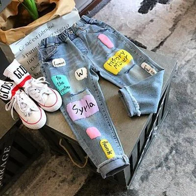 Fashion Spring Autumn Sports Jeans Girls Casual Pants 3-8Y Print Child Trouser Elastic Waist Kid Leggings School High Quality