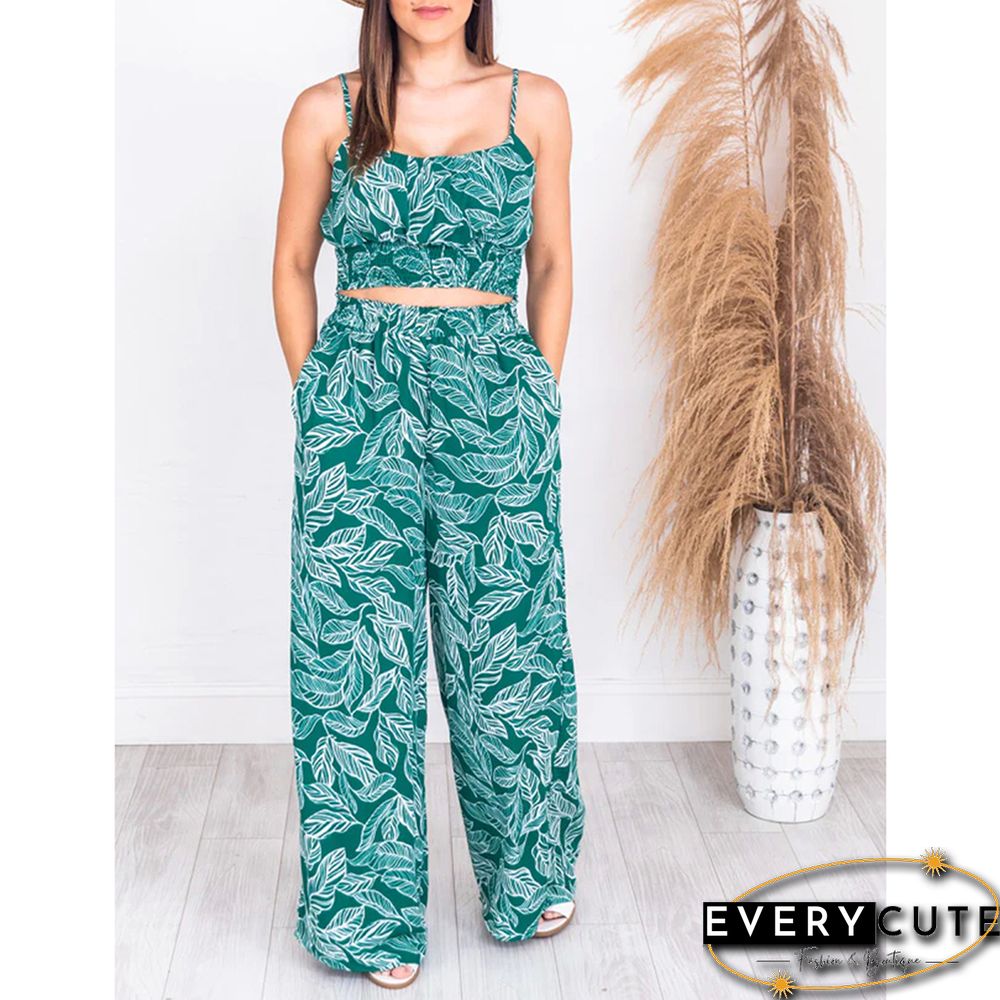 Green Leaf Print Crop Top with Wide Leg Pant Set