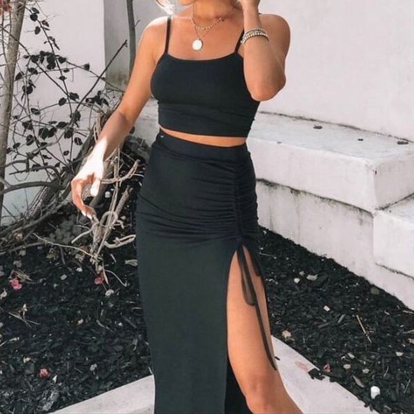 Women Slim Fit Two Pieces Sets Party Clubwear Outfits Spaghetti Strap Crop Top + Drawstring Ruched Long Skirt - Shop Trendy Women's Fashion | TeeYours