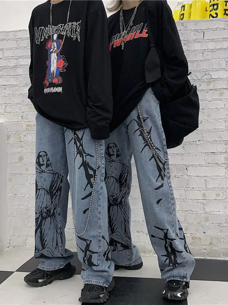 Hip-hop Printed Pockets Washed Denim Wide Leg Pants