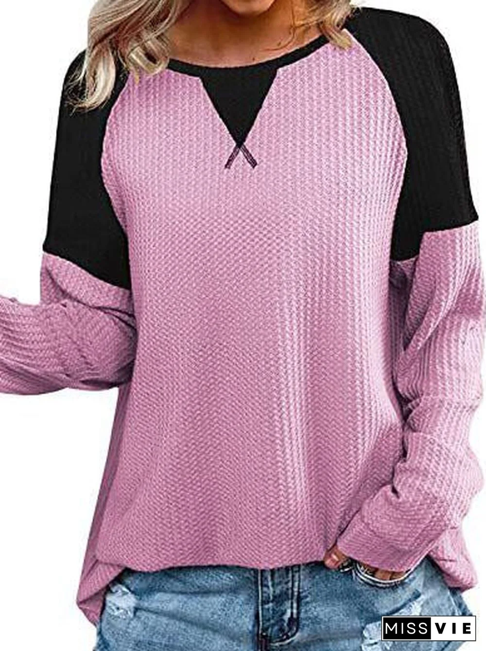 Women's Long Sleeve Scoop Neck Stitching Tops