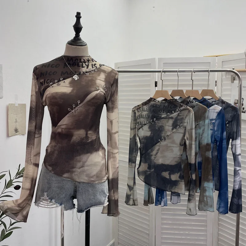 Uveng Pure Want To Play The Bottom Of The Long-Sleeved T-Shirt Design Hollow Print Irregular Mesh Yarn Personality Hottie Top 2629