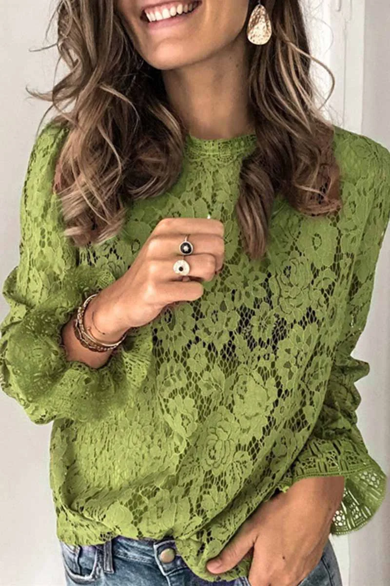 Abebey Long Sleeve Openwork Lace Blouse(5 Colors)