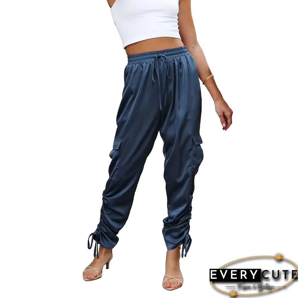 Blue Cotton Blend Elastic Waist Casual Pants