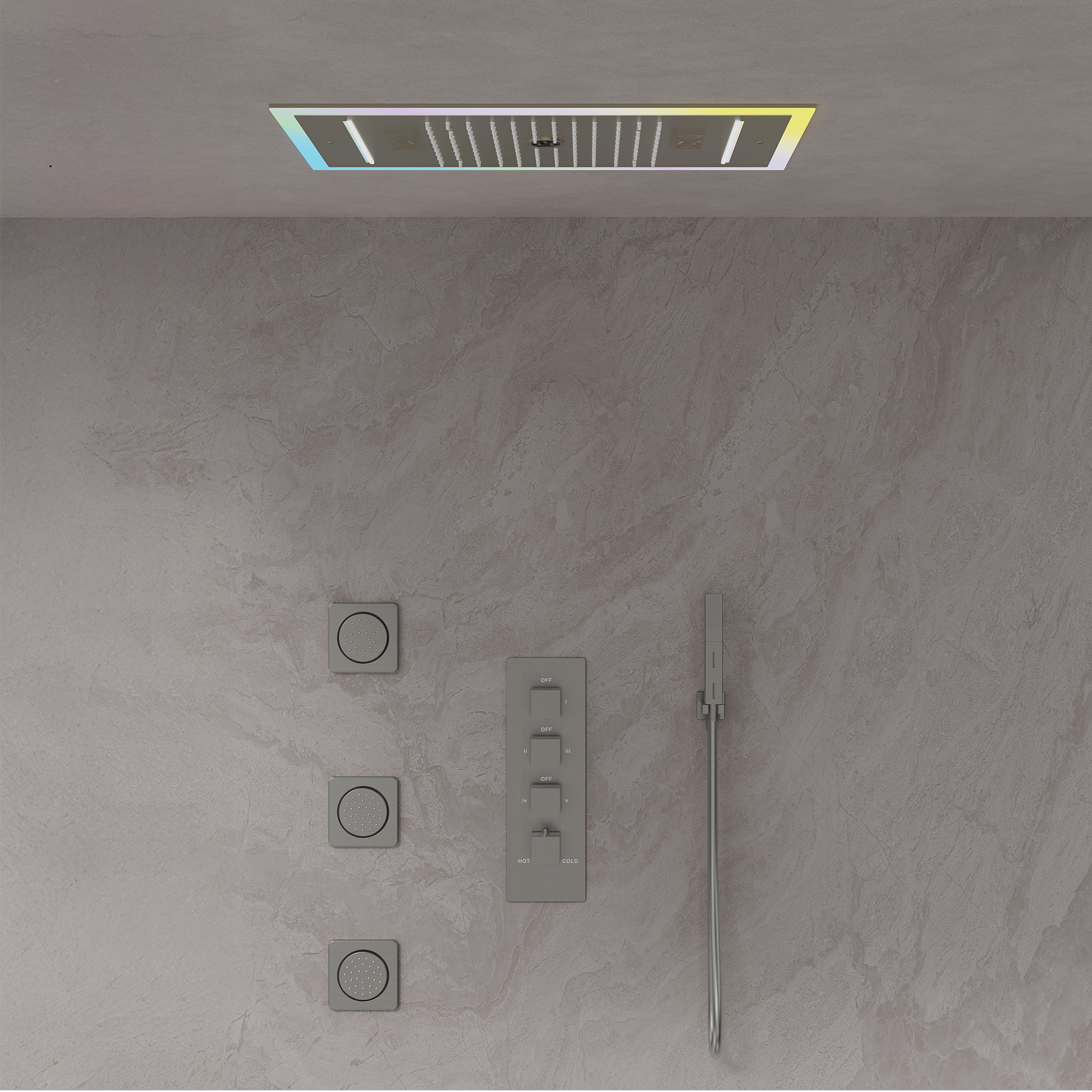 25 in. 3-Spray Ceiling Mount Thermostatic LED Music Dual Fixed and Handheld Shower Head 2.5 GPM in Brushed Nickel