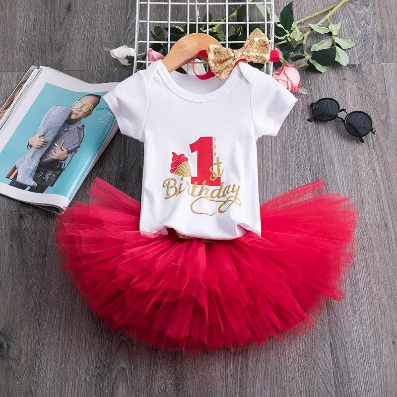 1st Birthday Outfits Baby Girl Clothes Fluffy Children Ballet Skirts with Headband Cotton Romper Infant Clothing Suits for Party