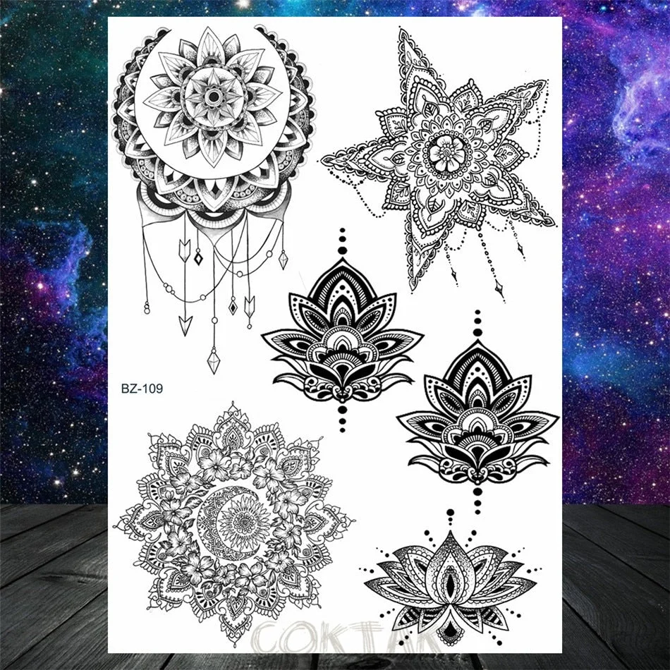 Black Dreamcatcher Temporary Tattoos Sticker For Women Fashion Body Art Back Tatoos Fake Jewelry Mandala Flower Tattoo For Party