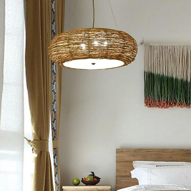 Flat Peach Shaped Wicker Pendant Light Farmhouse Burlywood Ceiling Light - Appledas