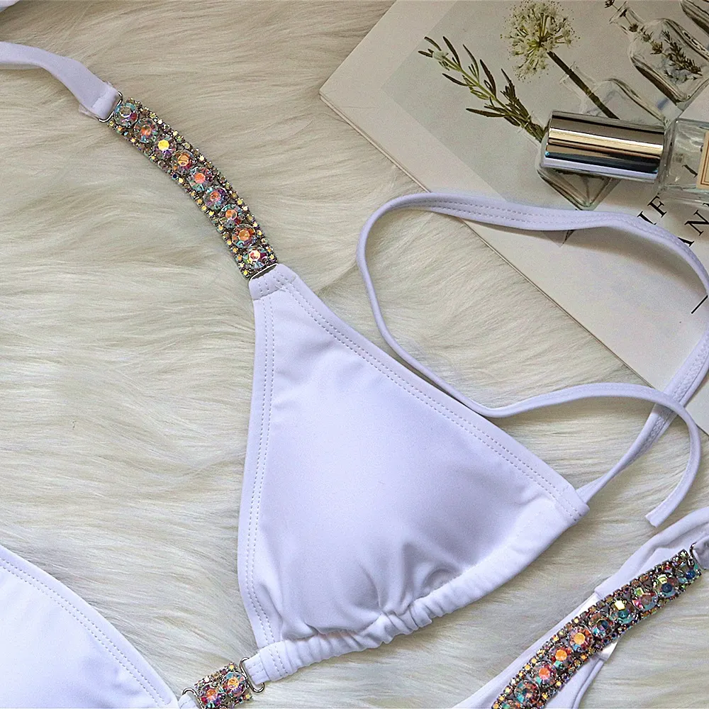 Uveng Uveng Solid Color Sexy Strap Swimsuit Luxury Rhinestone Swimsuit 2023 New Bikini