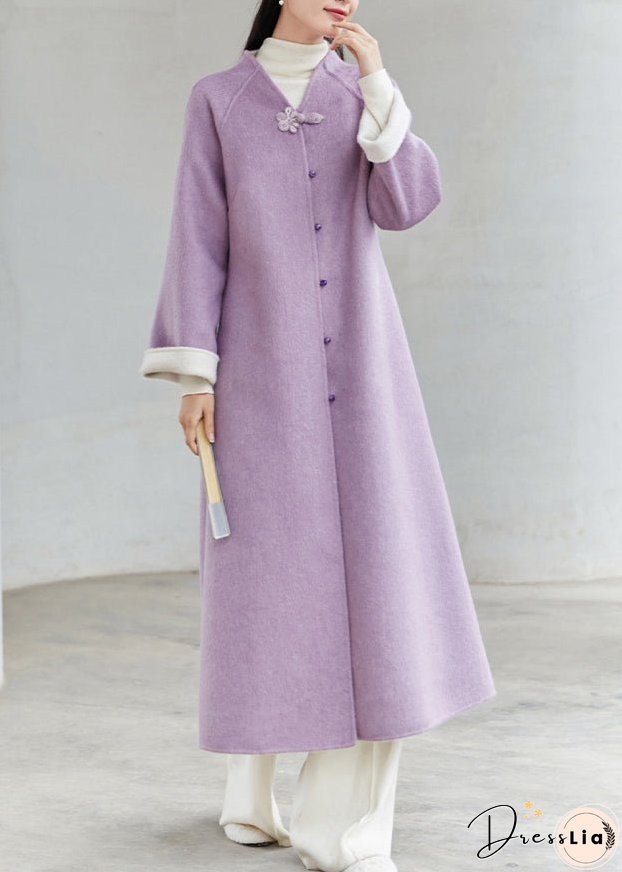 New Chinese Style Purple V Neck Button Patchwork Loose Woolen Coats Winter