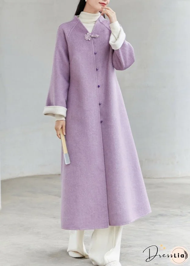 New Chinese Style Purple V Neck Button Patchwork Loose Woolen Coats Winter