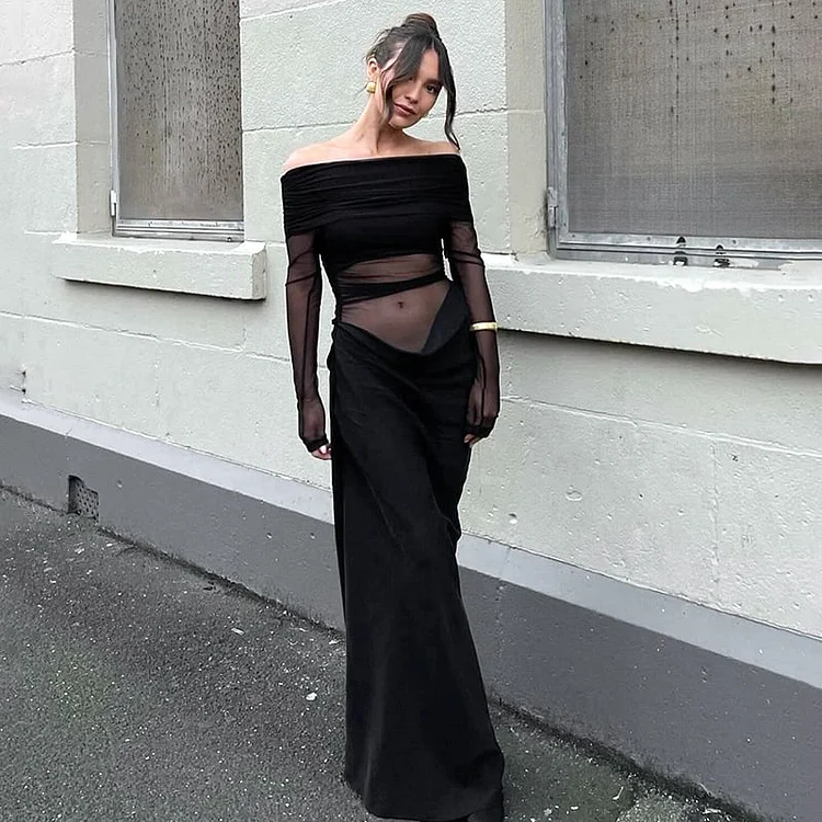 OBSIDIAN VEIL - OFF-SHOULDER MESH DRAPE DRESS