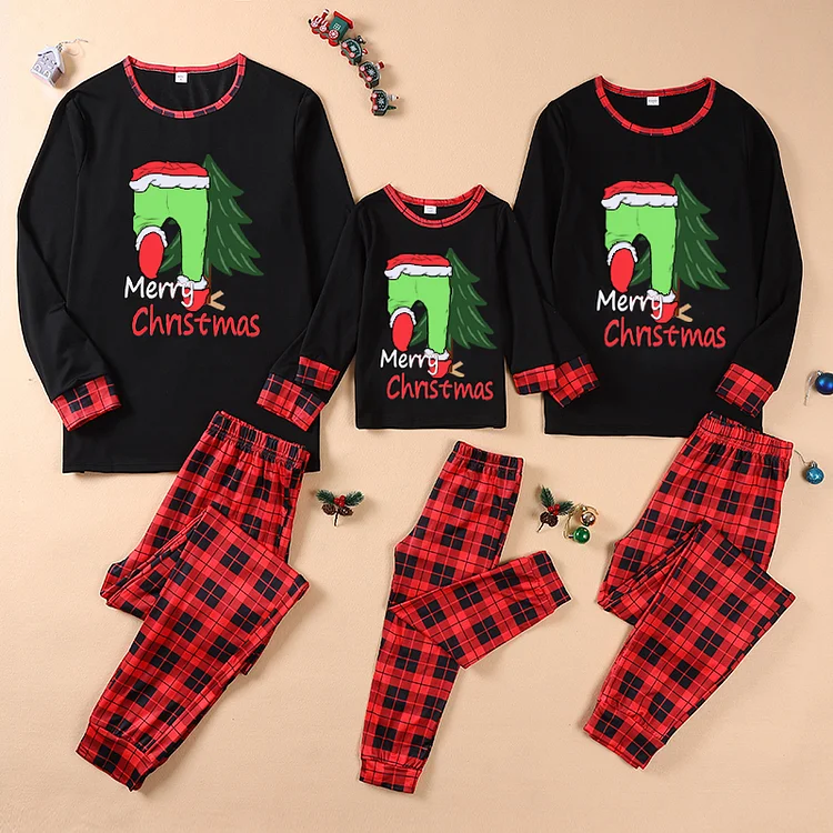 Merry Christmas Grinch Print Plaid Family Matching Pajamas Sets