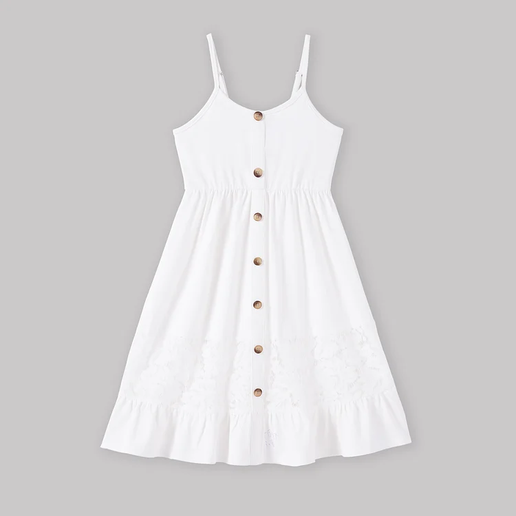 Mommy and Me Button Up White Lace Embellishment Ruffle Hem Strap Dress