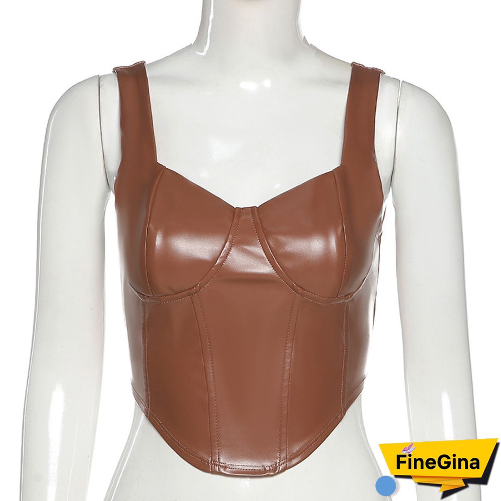 Faux Pu Leather Sexy Tank Push Up Brown Corset Crop Tops Women Club Party Sleeveless Female Backless Camis Tees