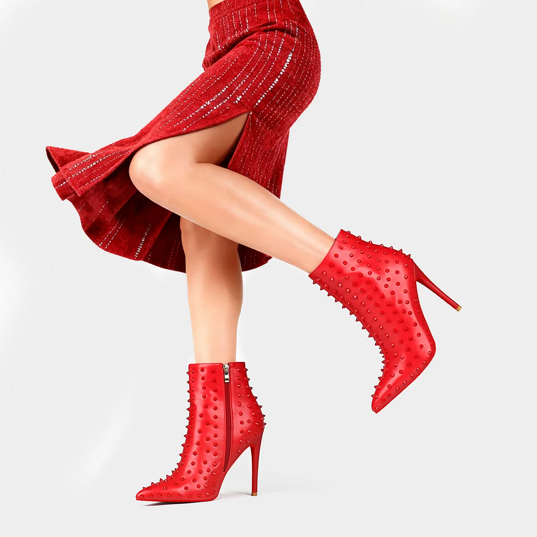 3.94" /4.72" Women's Ankle Boots Red Bottom Shoes Rivet  Closed Pointed Toe Stilettos Booties-MERUMOTE