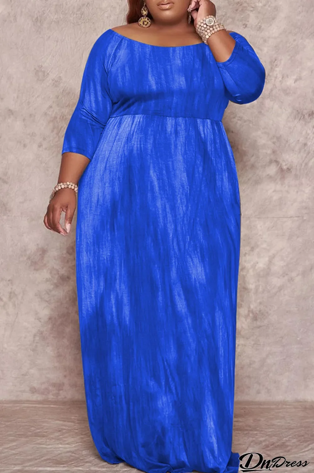 Blue Fashion Casual Plus Size Print Basic O Neck Long Dress