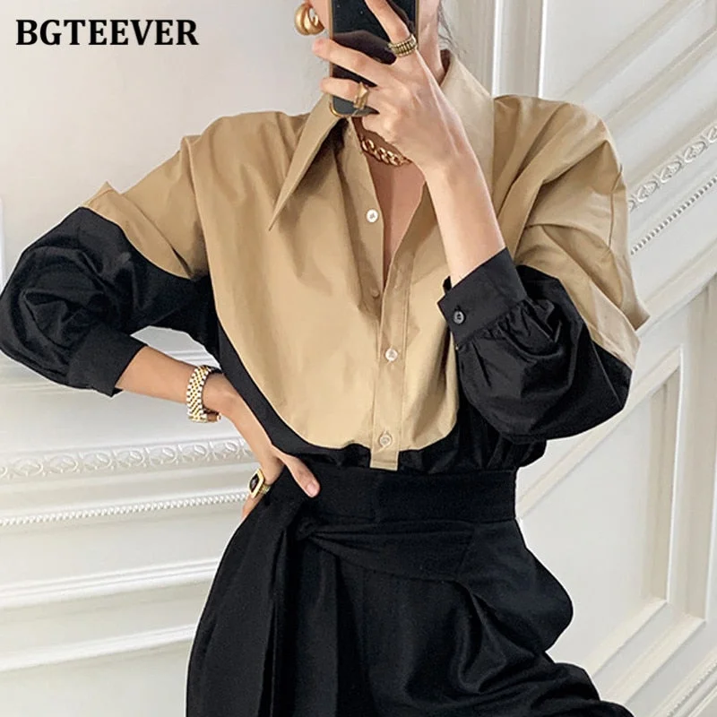 BGTEEVER Chic Turn-down Collar Women Patchwork Shirts Blouse Stylish Single-breasted Loose Female Shirts 2021 Spring Blusas