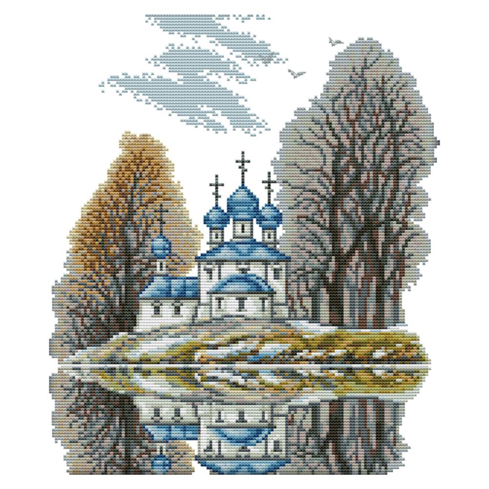 

Blue Castle - 14CT Stamped Cross Stitch - 32*37cm, 501 Original