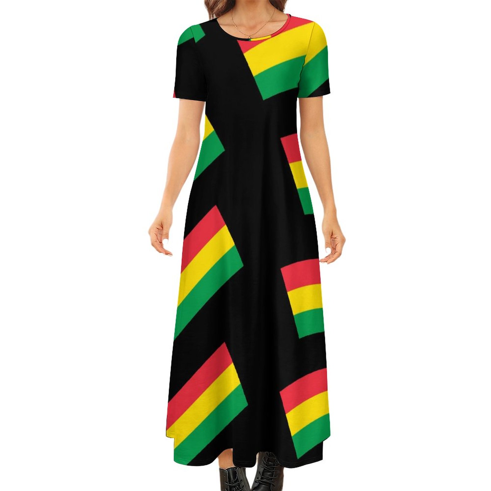 Rasta Colors Green Yellow Red Flag Stripes Summer Boho Long Dress Women Plus Size Vintage Print Loose Flowy Maxi Dresses