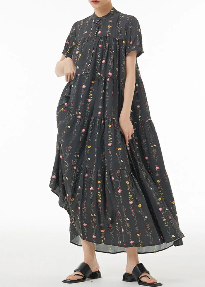 5.1Casual Black Print Patchwork Wrinkled Cotton Maxi Dresses Summer