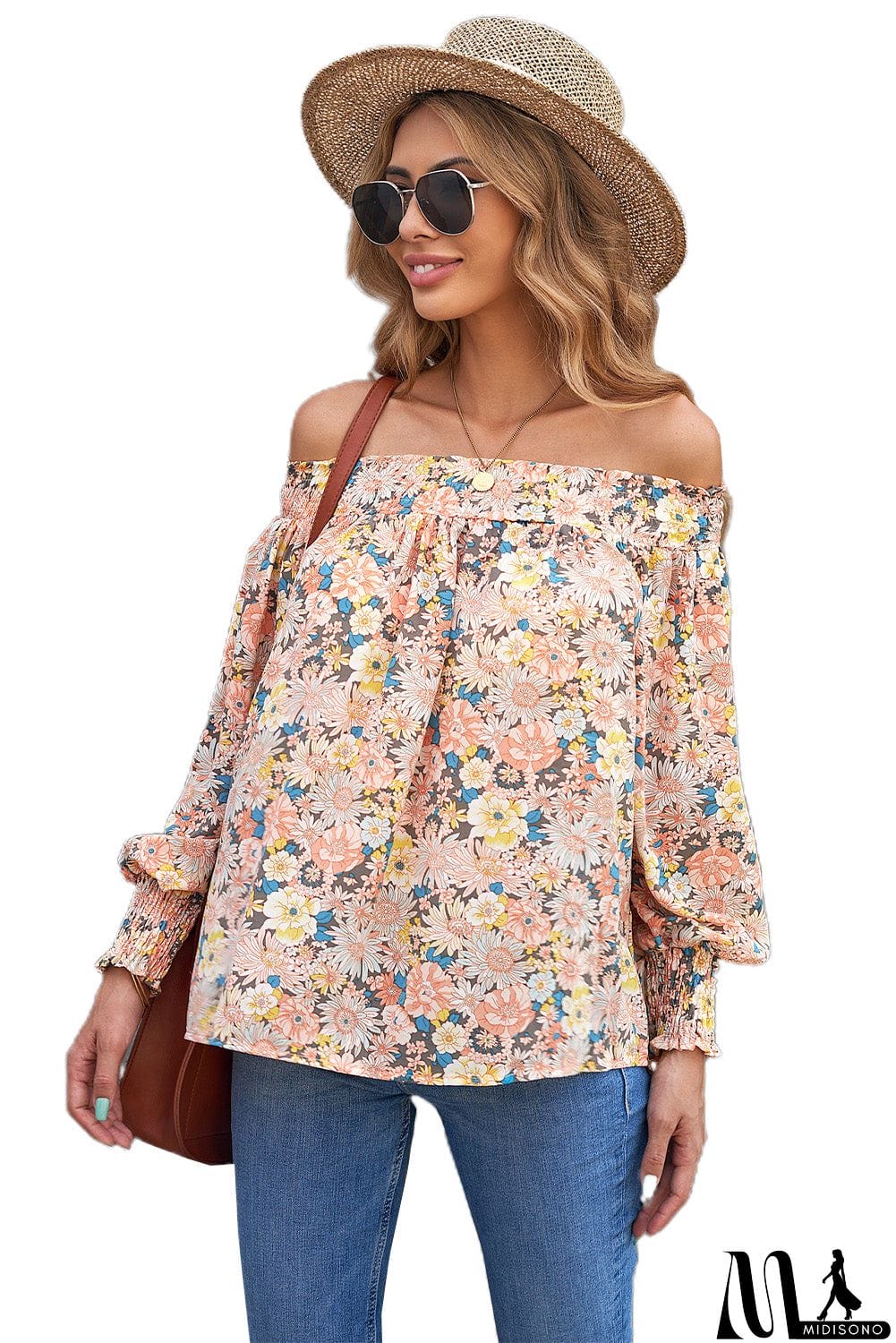 MidiSono - Off The Shoulder Smocked Floral Top