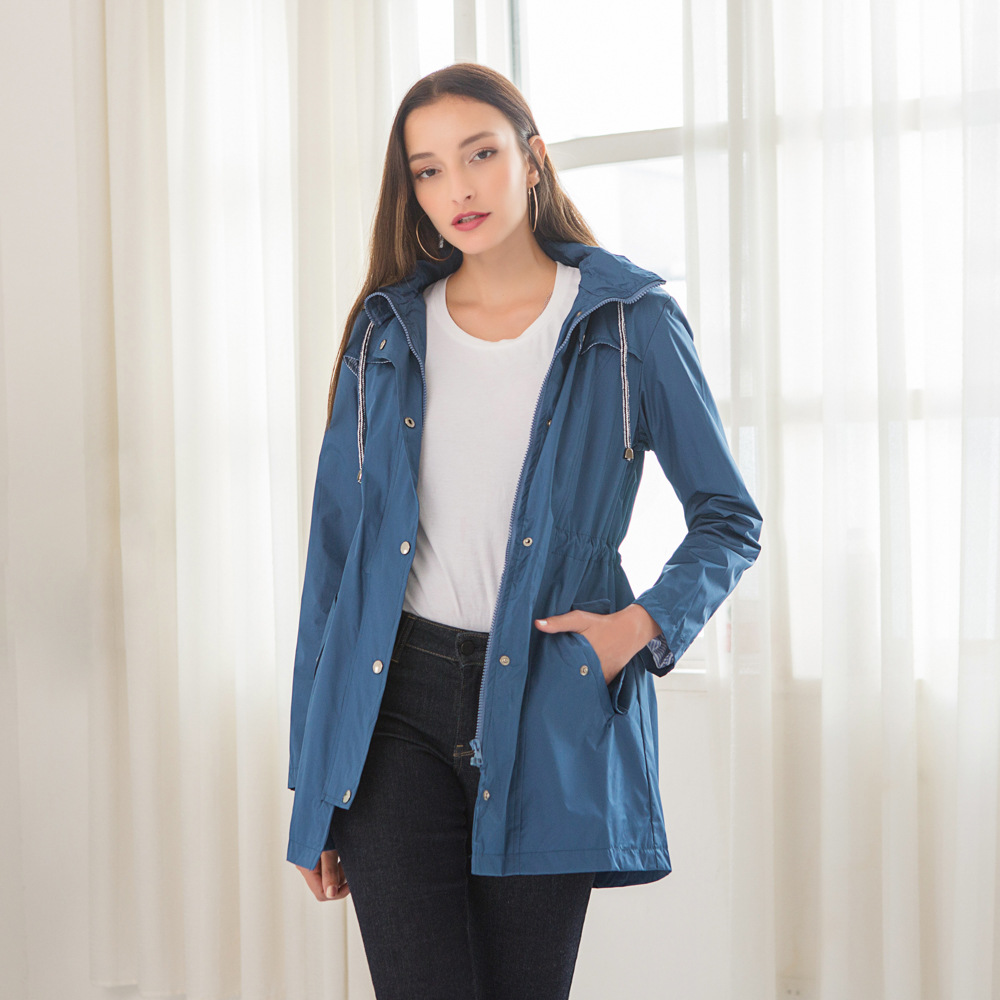 New Casual Waist Hooded Windbreaker Women's Mid-length Raincoat Jackets