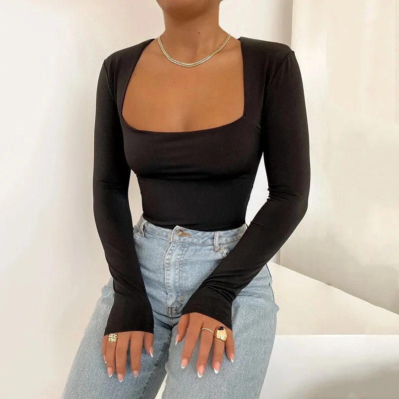 Bodysuit Long Sleeves Overalls for women Bodycon Square Neck female Basic Black Overalls Tops 2022 Body streetwear fashion sexy