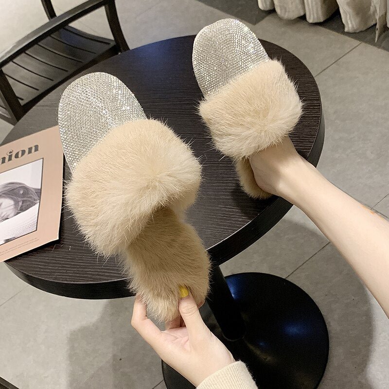 Aphixta Real Fur Women Warm Slippers Round Toe Crystal Bling Mules Woman Furry Slippers Shoes Women Flat Rabbit Hair Slide
