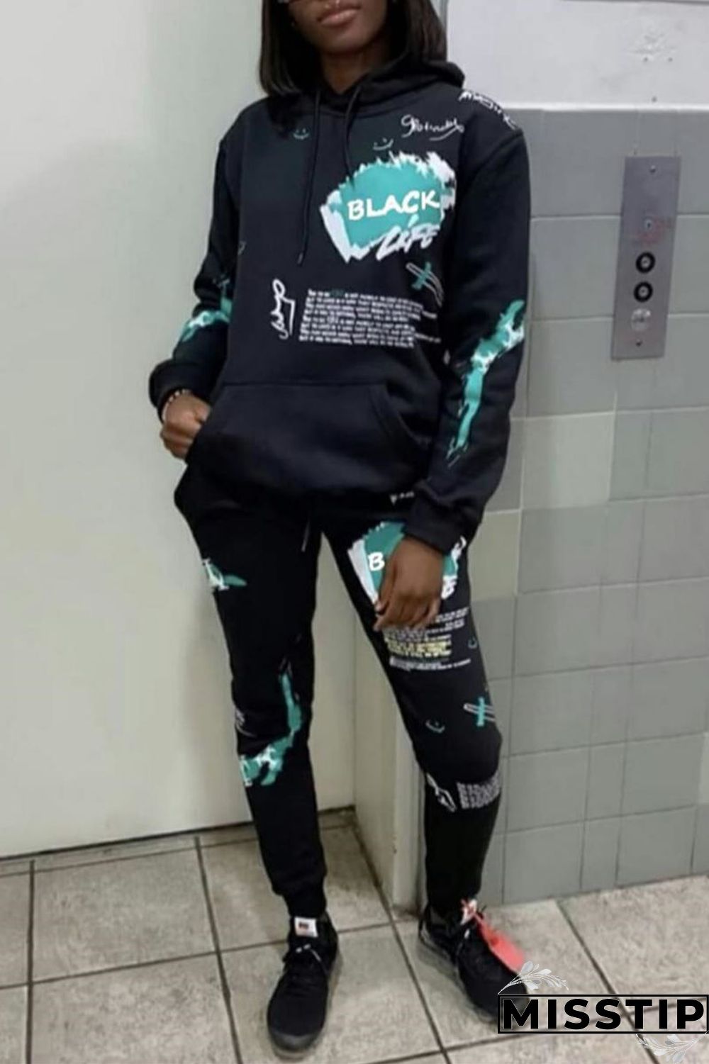 Black Casual Print Patchwork Hooded Collar Plus Size Two Pieces