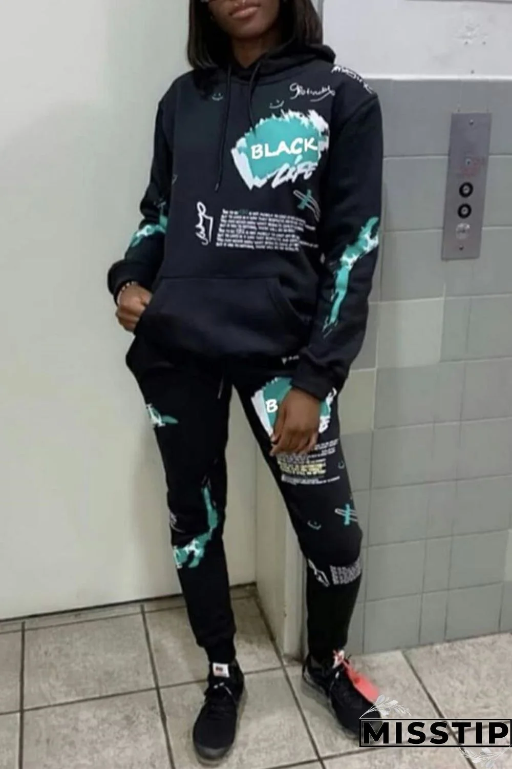 Black Casual Print Patchwork Hooded Collar Plus Size Two Pieces