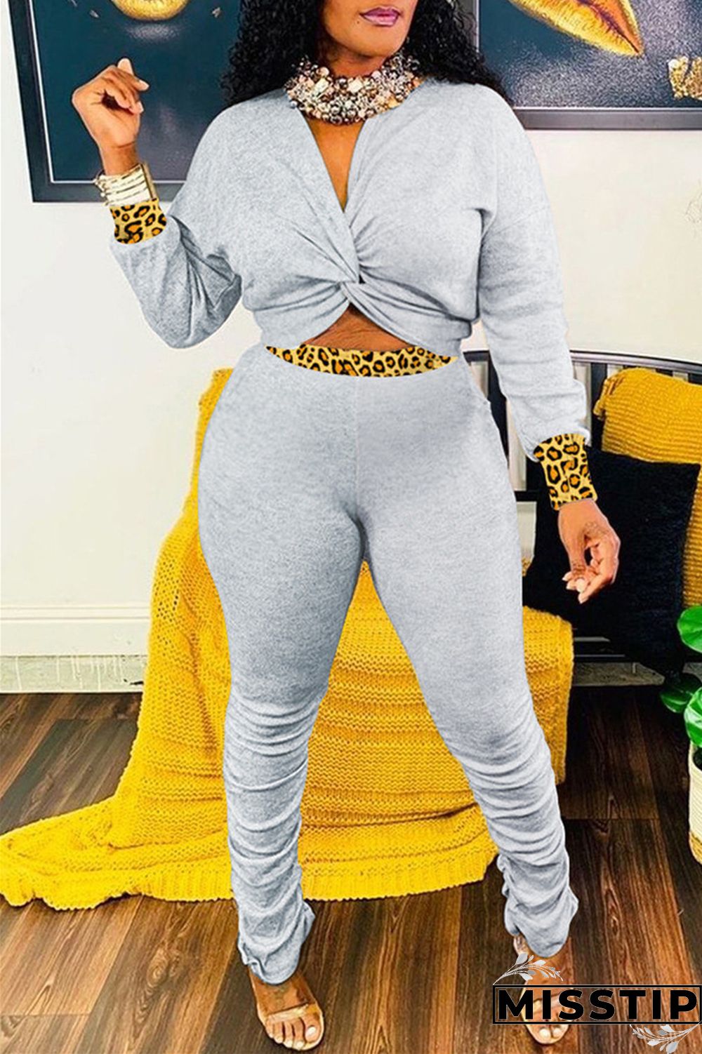 Black Fashion Casual Print Leopard Patchwork Fold V Neck Long Sleeve Two Pieces