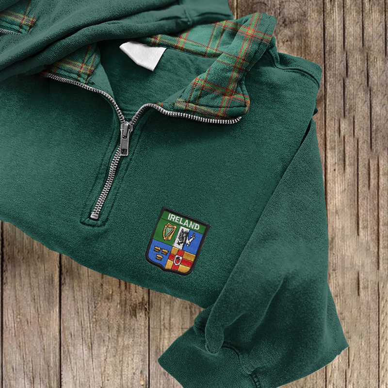 Comstylish Ireland Plaid City Emblem Embroidery Zip Up Sweatshirt